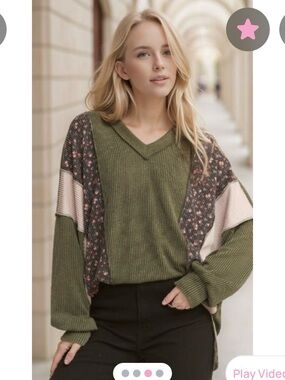HEIMISH USA Olive V-Neck Sweater with Pink Floral Panel and Cream Sleeves